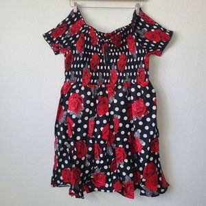 City Chic Rose Spot Off The Shoulder Dress Plus Size 22 XXL Black Red Retro Pin